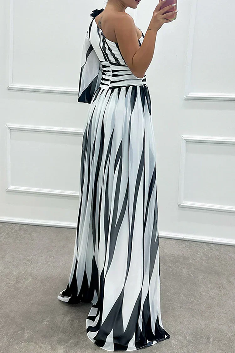 Blueberry Shiloh one-shoulder maxi dress featuring vertical stripes and a draped high-slit design.