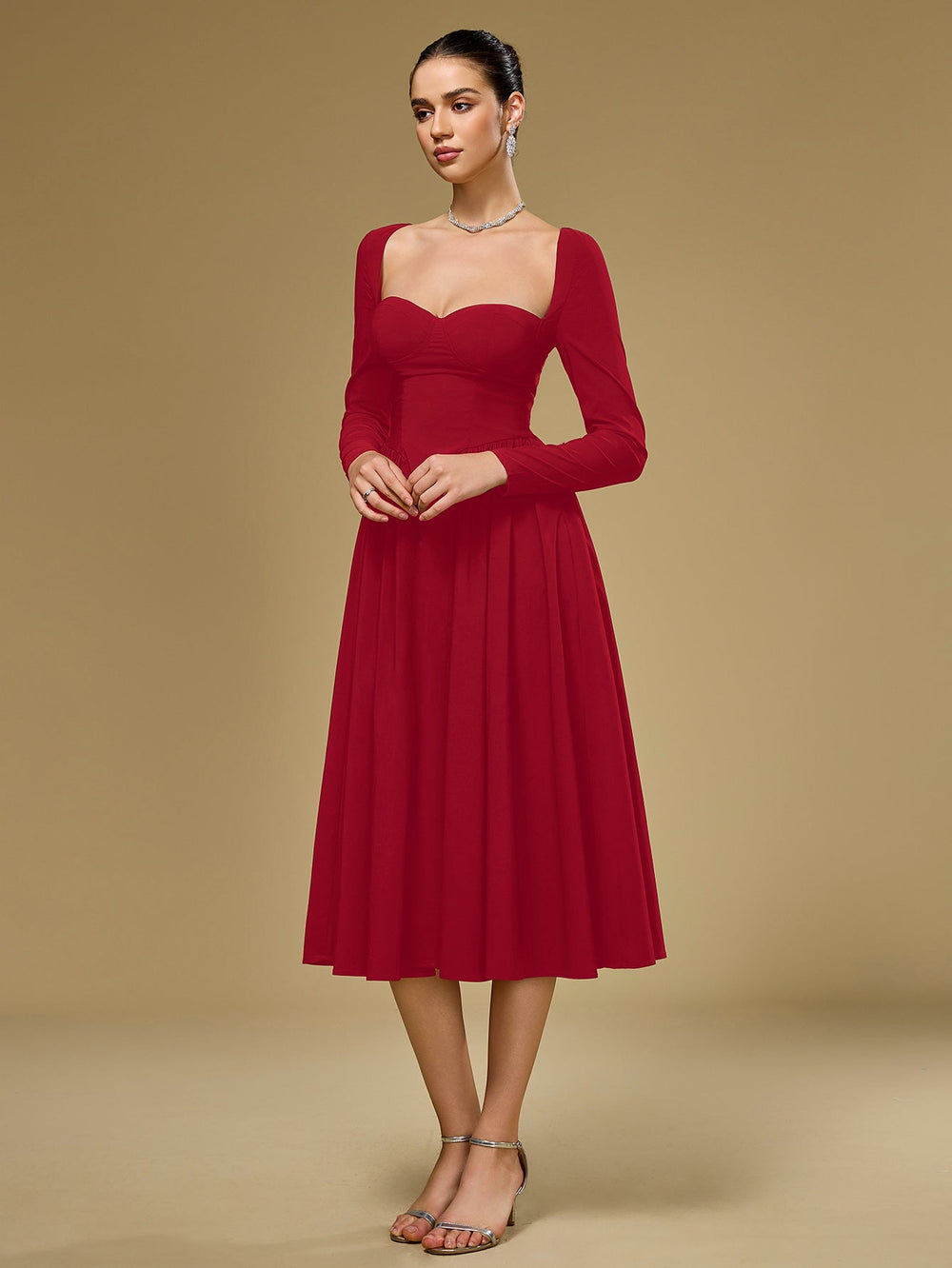 ANNA - Vestido midi de manga larga y corte en A