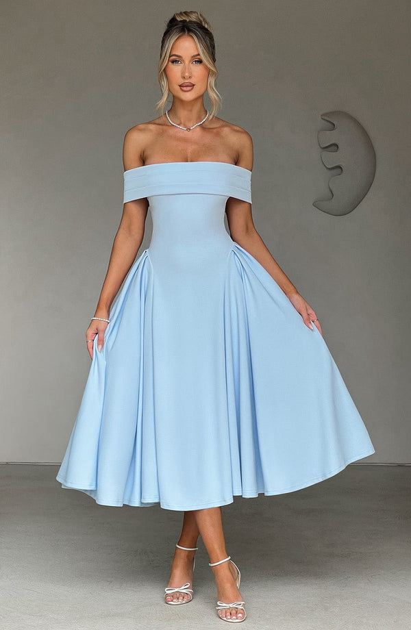 ELENA - Elegante vestido midi con hombros al descubierto